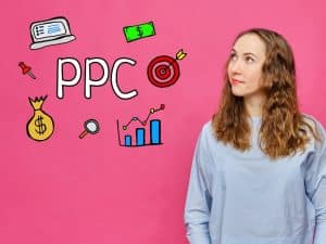 Woman thinking about Google PPC advertising with hand-drawn icons of money, graphs, and marketing symbols on a pink background. 