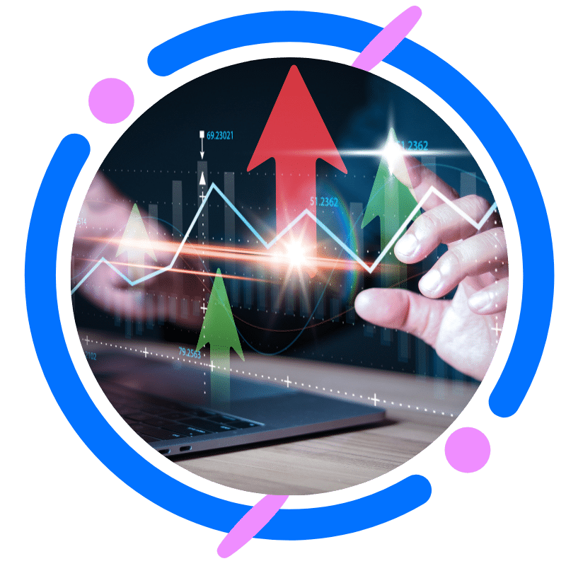 Digital graph with upward arrows showcasing growth and analytics, highlighting effective Facebook marketing strategies for online business success.