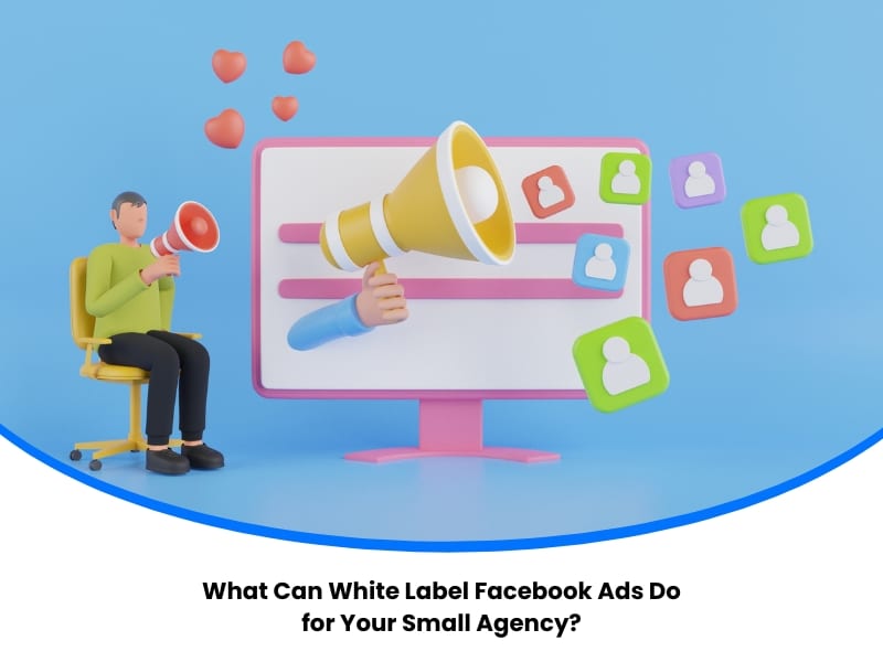 3D illustration of marketer with megaphone promoting white label ads on a digital Facebook platform.